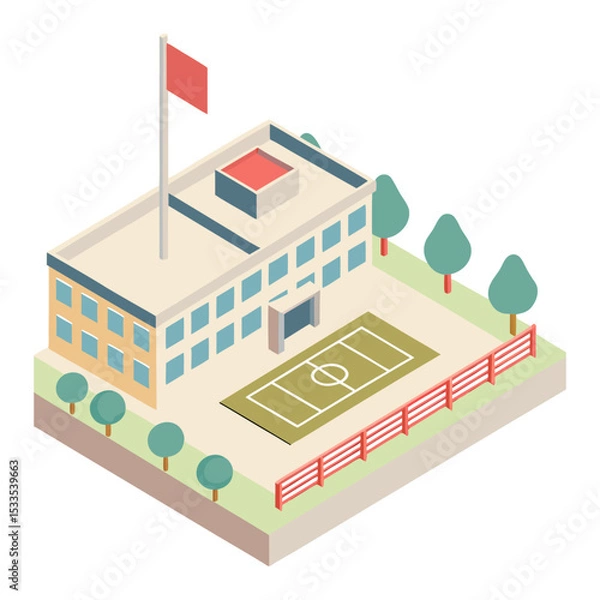 Obraz vector of an educational institution with schoolyard, playground, and flagpole in isometric layout, white background
