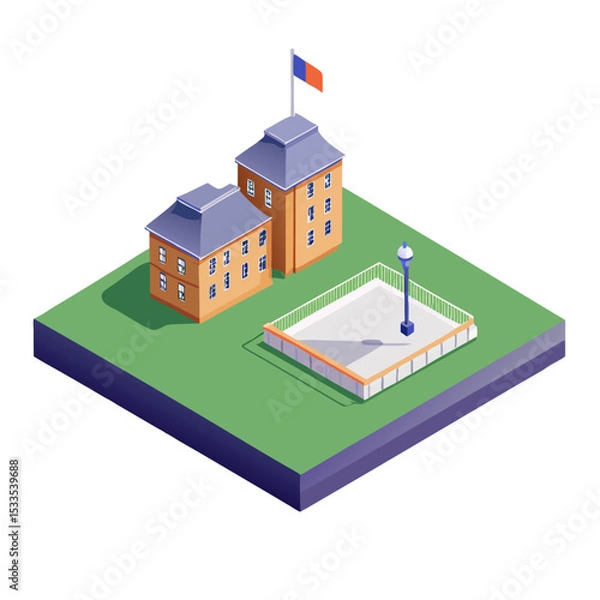 Obraz vector of an educational institution with schoolyard, playground, and flagpole in isometric layout, white background
