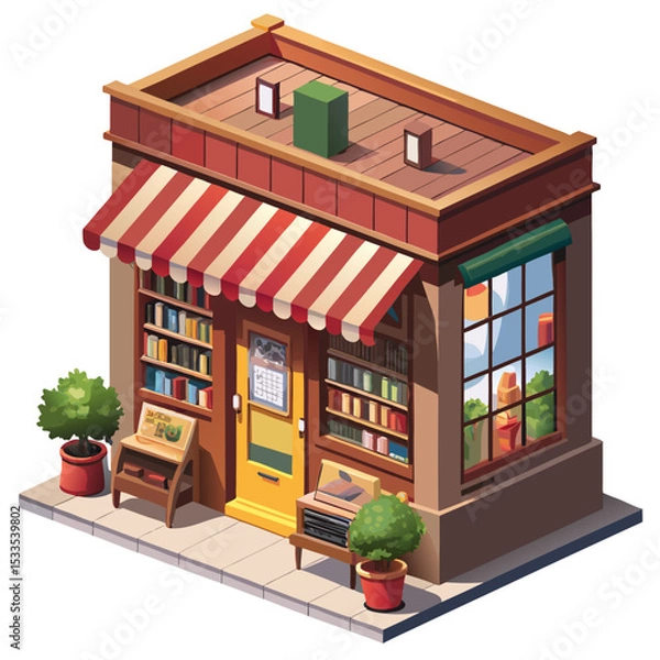 Obraz vector of a quaint isometric bookstore with open sign, shelves visible through windows, white background
