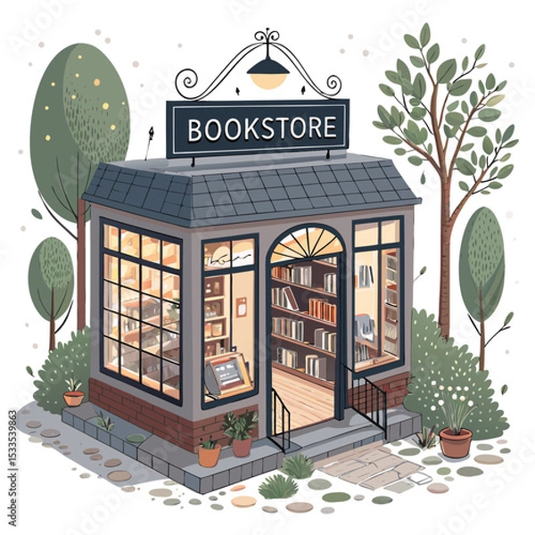 Obraz vector of a quaint isometric bookstore with open sign, shelves visible through windows, white background
