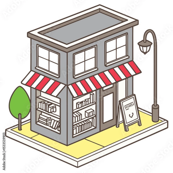 Obraz vector of a quaint isometric bookstore with open sign, shelves visible through windows, white background
