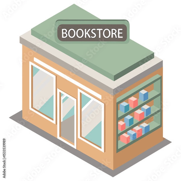 Obraz vector of a quaint isometric bookstore with open sign, shelves visible through windows, white background
