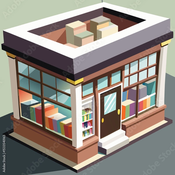 Fototapeta vector of a quaint isometric bookstore with open sign, shelves visible through windows, white background
