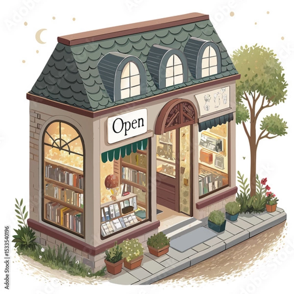 Obraz vector of a quaint isometric bookstore with open sign, shelves visible through windows, white background
