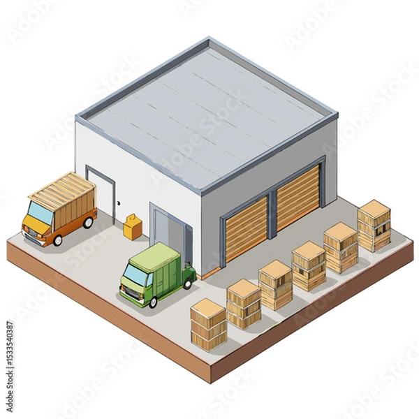 Obraz vector of an industrial warehouse with shutter doors, pallets, and trucks, viewed in isometric layout, isolated on white
