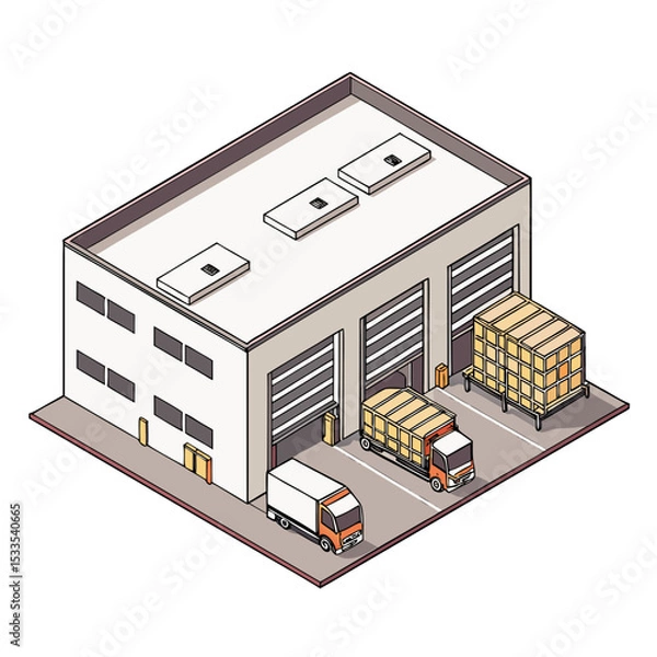 Obraz vector of an industrial warehouse with shutter doors, pallets, and trucks, viewed in isometric layout, isolated on white
