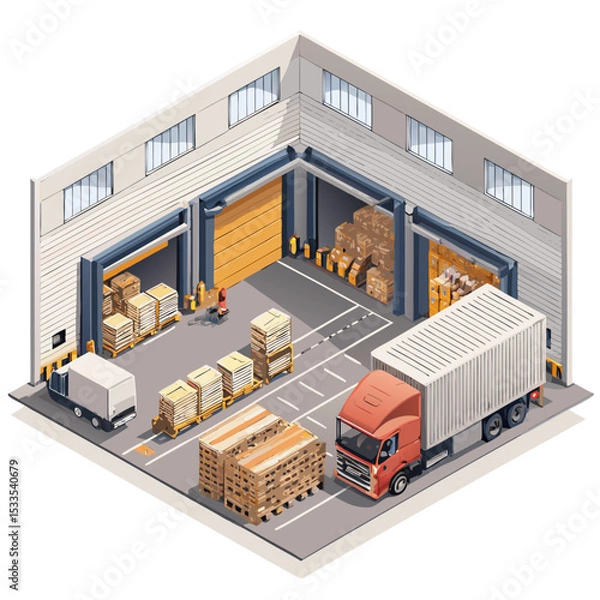 Obraz vector of an industrial warehouse with shutter doors, pallets, and trucks, viewed in isometric layout, isolated on white
