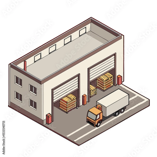 Obraz vector of an industrial warehouse with shutter doors, pallets, and trucks, viewed in isometric layout, isolated on white
