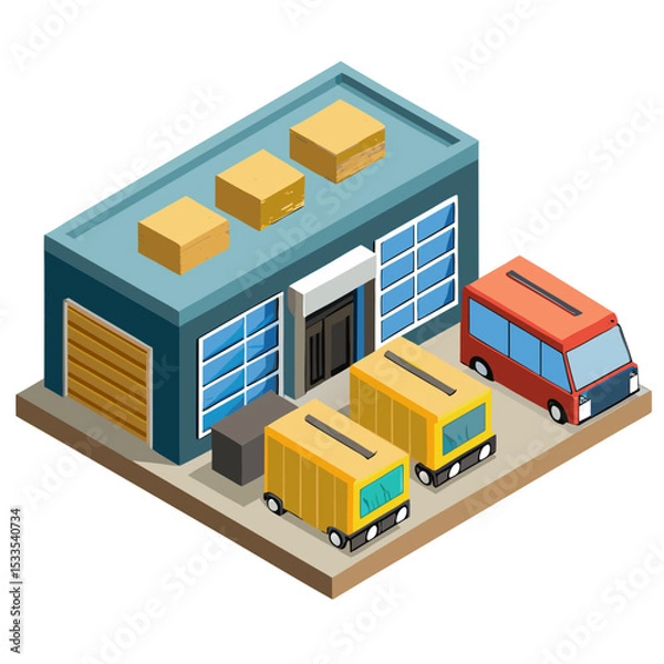 Obraz vector of an industrial warehouse with shutter doors, pallets, and trucks, viewed in isometric layout, isolated on white
