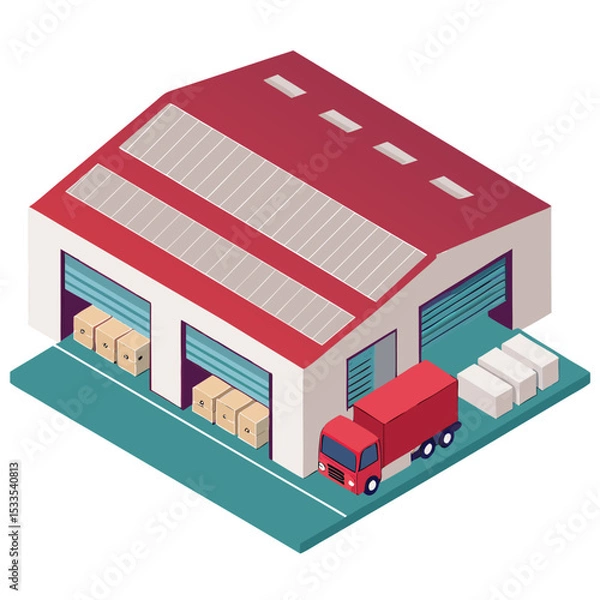 Obraz vector of an industrial warehouse with shutter doors, pallets, and trucks, viewed in isometric layout, isolated on white
