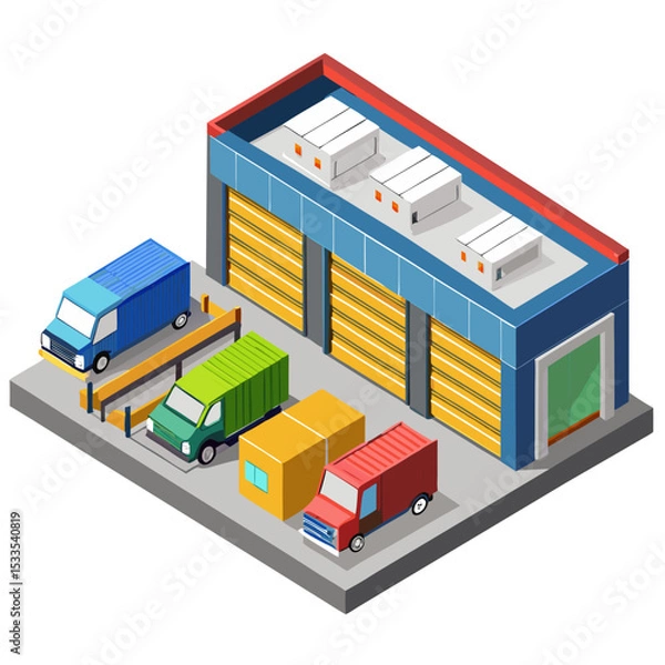 Obraz vector of an industrial warehouse with shutter doors, pallets, and trucks, viewed in isometric layout, isolated on white
