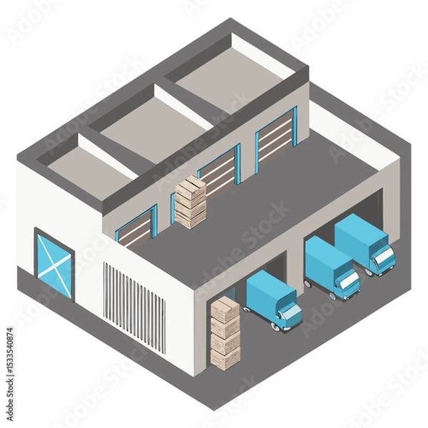 Obraz vector of an industrial warehouse with shutter doors, pallets, and trucks, viewed in isometric layout, isolated on white
