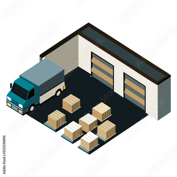 Obraz vector of an industrial warehouse with shutter doors, pallets, and trucks, viewed in isometric layout, isolated on white
