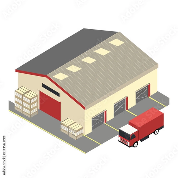 Obraz vector of an industrial warehouse with shutter doors, pallets, and trucks, viewed in isometric layout, isolated on white
