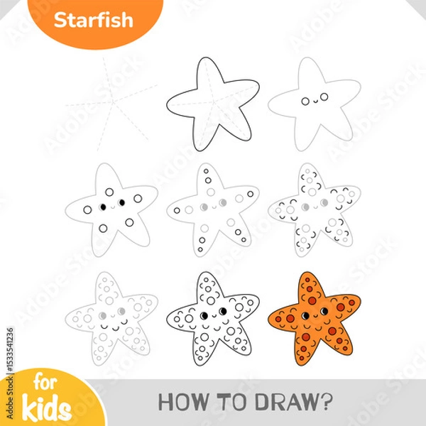 Fototapeta Learn how to draw a cute starfish with easy step-by-step guide. A fun sea-themed activity for preschoolers and young learners