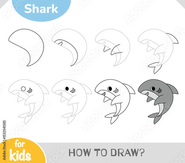 Fototapeta Simple how-to-draw tutorial for a cute friendly cartoon shark