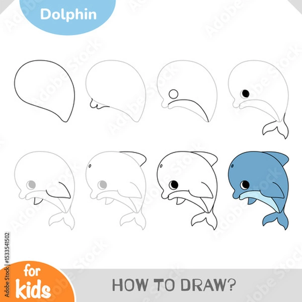 Fototapeta How to draw a cute dolphin with easy step-by-step drawing tutorial