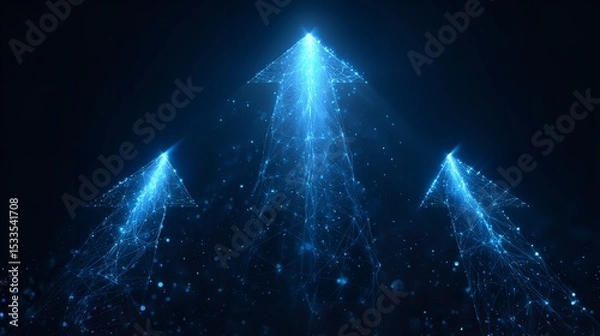 Fototapeta Three Abstract Blue Glow Speed Arrows Rising Up.

