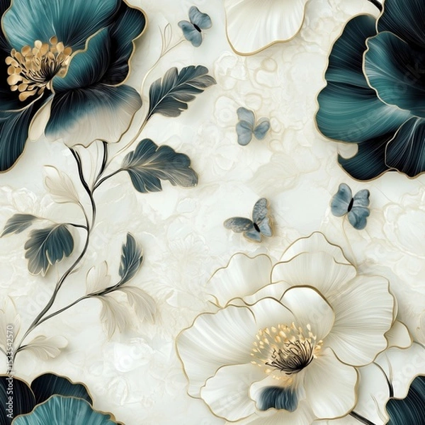 Fototapeta Seamless 3D floral pattern with striking teal and white flowers outlined in gold, and small blue butterflies on a textured white background