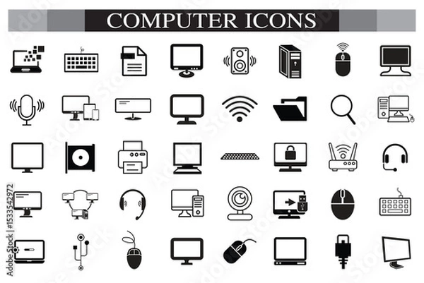 Obraz Computer icon set. Computer, network, website, server, web design, monitor, smartphone, tablet and laptop and programming, icons vector collection.