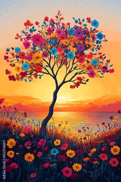 Obraz Vibrant colorful tree sunset landscape art