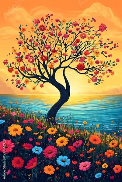 Obraz Vibrant blooming tree by the sea at sunset.