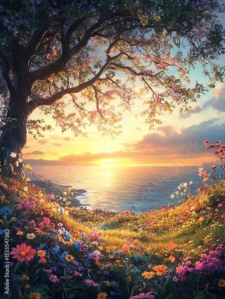 Obraz Hyperrealistic cartoon artwork of a dead tree standing amidst colorful wildflowers on lush green grass