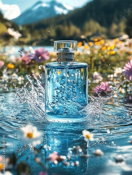 Obraz Modern blue cologne bottle with water splash effect