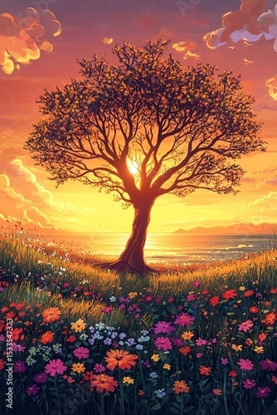 Obraz Ultradetailed cartoon illustration of a barren tree silhouette standing on grassy field
