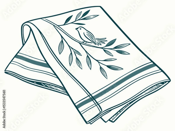 Fototapeta Illustration of a folded tea towel with bird and branch design isolated 