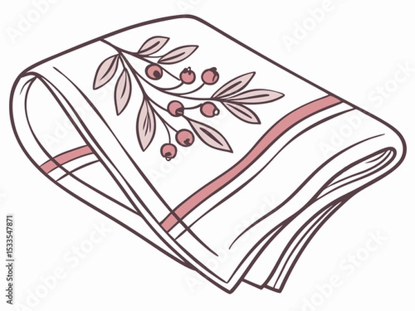Fototapeta Illustration of a folded tea towel with berry branch design isolated 