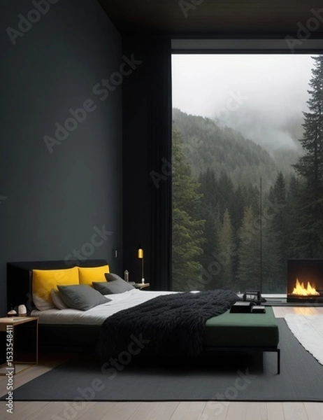 Fototapeta Luxury Modern Bedroom with Forest View Windows, Minimalist Dark Bedroom Overlooking Misty Pine Forest