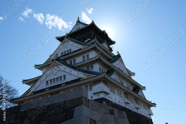 Fototapeta 日本、大阪、大阪城、大阪城公园、日本の城、特別史跡、輪郭式平城、天守、庭園、池塘、春、歷史名勝、綠色、風景、青空、写真素材