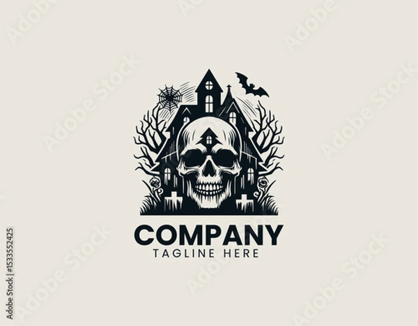 Obraz Terrifying Skull Haunted House Of Horror Spooky Fright Night Vector Logo Design