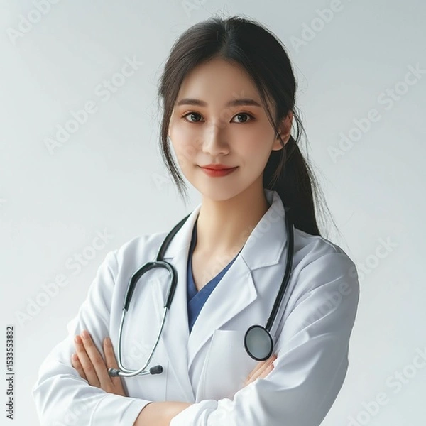 Fototapeta A compassionate female doctor exudes confidence and warmth. Dressed in a white coat, the stethoscope draped around the neck, symbolizing healthcare professionalism and medical expertise.