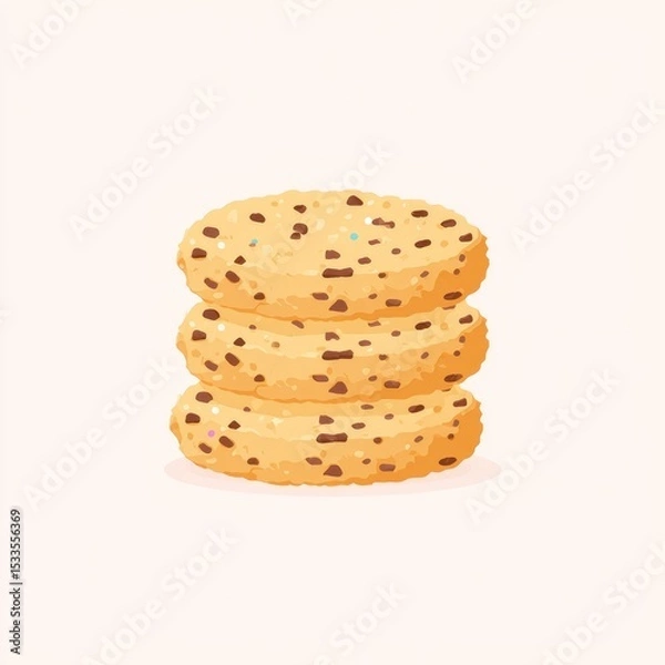 Fototapeta A stack of three round, light brown chocolate chip cookies with sprinkles, digitally rendered in a pixel art style against a white background