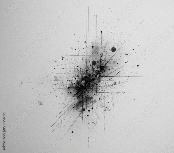 Fototapeta A grayscale abstract artwork featuring a dense cluster of lines, dots, and smudges radiating outwards, creating a sense of explosion or energy