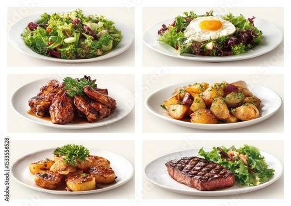 Fototapeta Six plated meals two salads (one with fried egg), glazed chicken wings, roasted potatoes (two variations), and a steak with a side salad