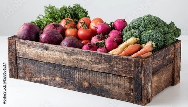 Fototapeta A rustic wooden crate overflowing with a vibrant assortment of freshly harvested vegetables including beets, tomatoes, radishes, carrots, and broccoli