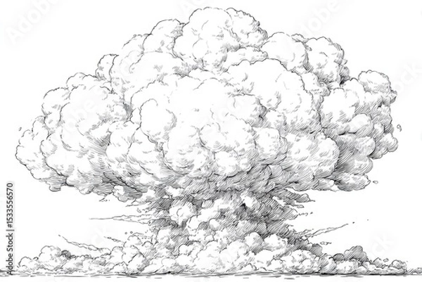 Fototapeta Detailed pen-and-ink drawing of a massive, billowing mushroom cloud, rendered in grayscale, suggesting a powerful explosion or eruption