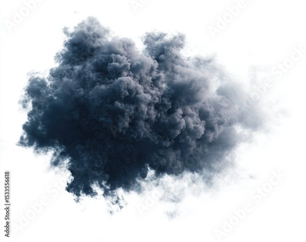 Fototapeta A dense, dark-grey smoke plume, billowing and amorphous against a stark white background, exhibiting textural depth and a sense of movement