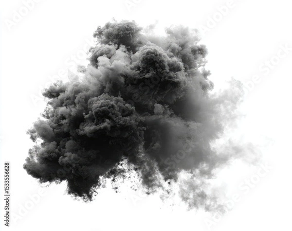 Fototapeta A dense, dark grey smoke plume, billowing with lighter grey wisps and edges against a stark white background, creating a dramatic, amorphous shape