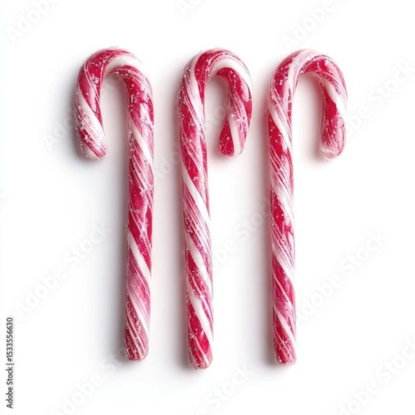 Fototapeta Three red-and-white striped candy canes arranged vertically against a plain white background