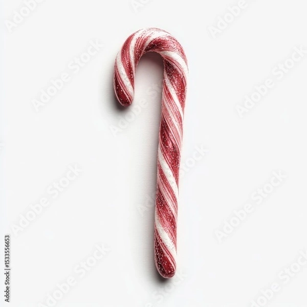 Fototapeta A single red-and-white peppermint candy cane, hook-shaped, rests on a plain white background, subtly shadowed