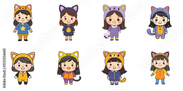 Obraz Multiple vector illustrations, girl wearing cat costume

