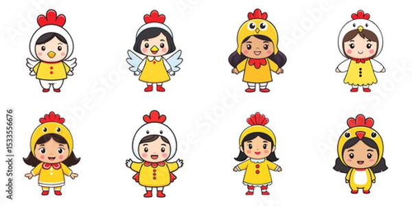 Obraz Multiple vector illustrations, girl wearing chicken costume


