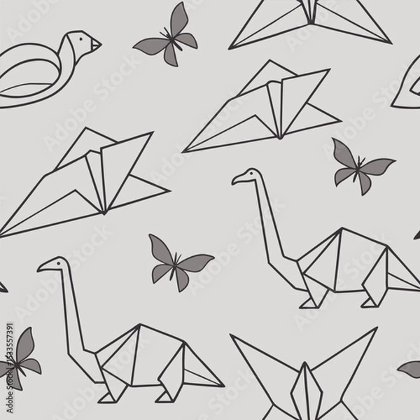 Fototapeta Origami animals seamless vector pattern, soft gray background with folded line icons