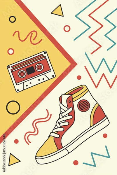 Fototapeta Retro vector-style background in 80s Memphis design, bold yellow, red, and cyan, abstract squiggles and fun shapes, flat pattern, playful symmetry