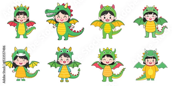 Obraz Multiple vector illustrations, girl wearing dragon costume

