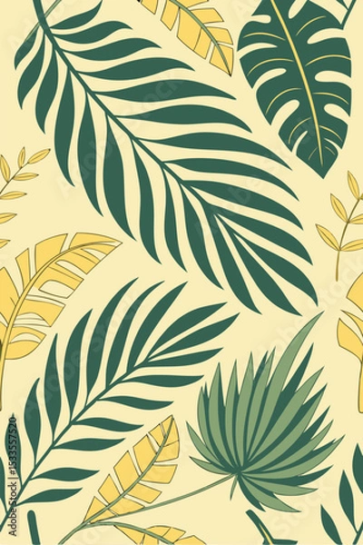Fototapeta Seamless tropical vector pattern featuring palm leaves and exotic plants, earthy green and yellow tones, elegant flat design